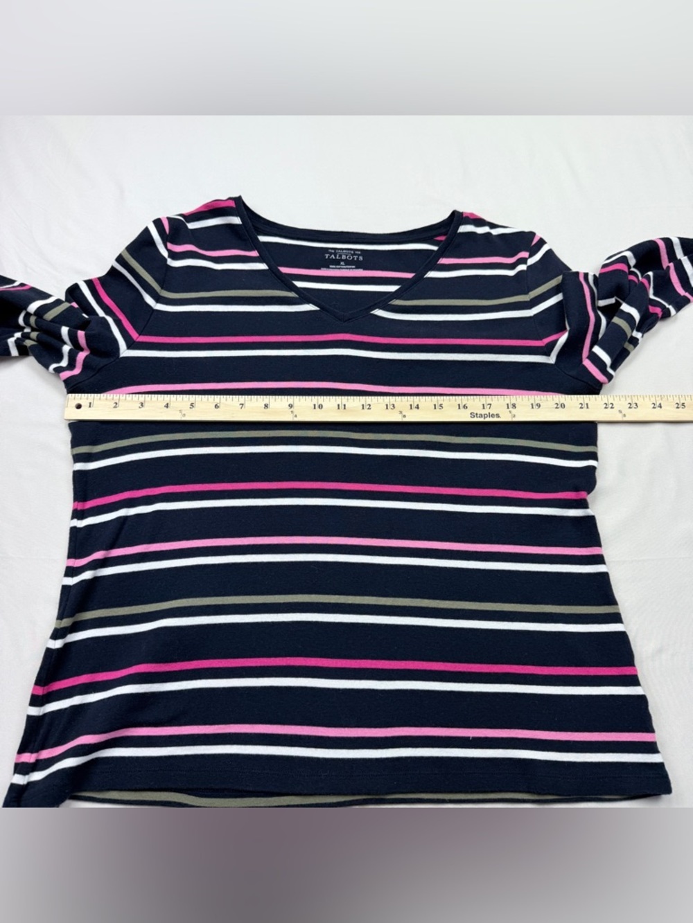 Talbots Navy V-Neck Long Sleeve Top with Pink & White Stripes - Picture 5 of 9